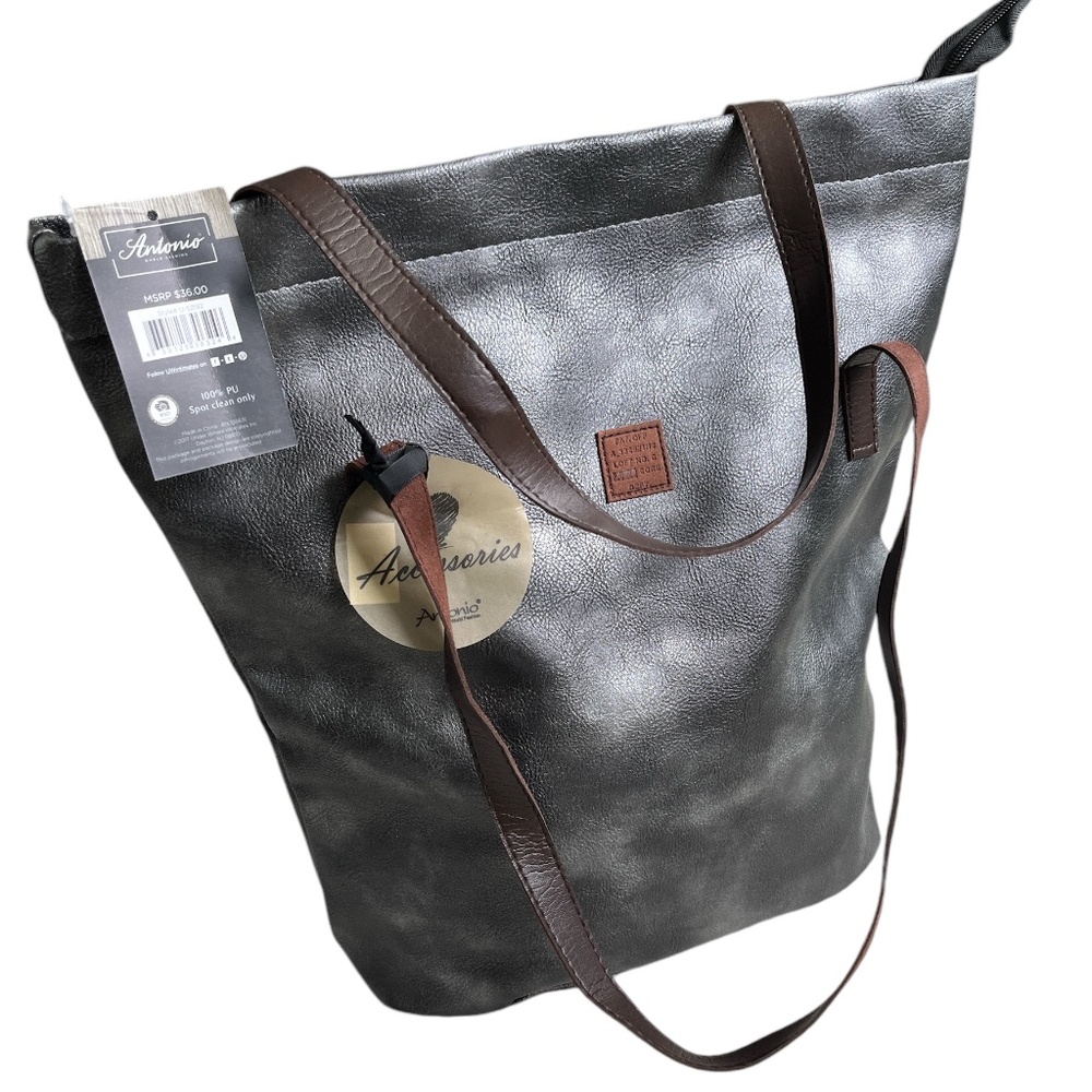 NWT Antonio Marbled Gray Vegan Faux Leather Zip Top Tote Bag